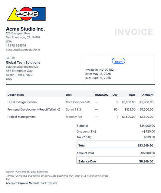Professional invoice generated with MyFreelanceKit — Acme Studio to Global Tech Solutions, $13,919.50 total